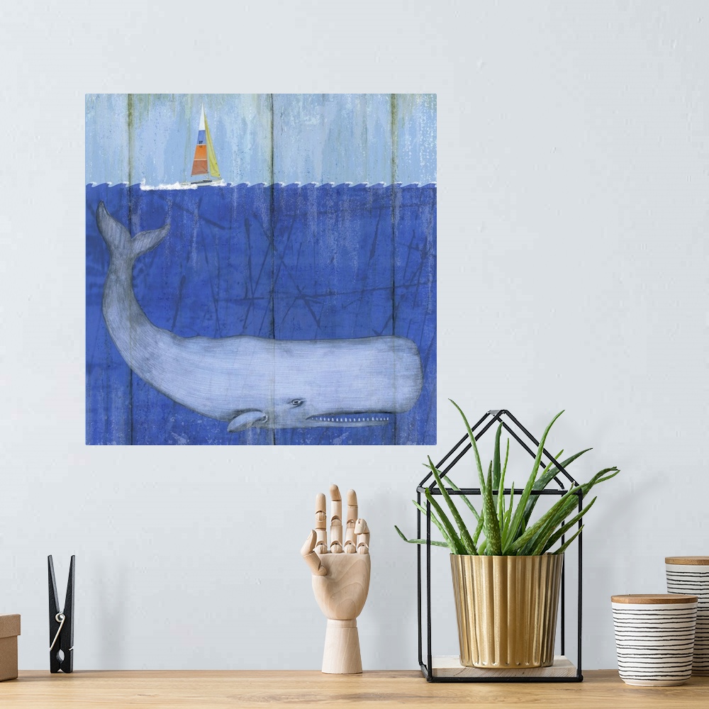 A bohemian room featuring Contemporary nautical painting of a cross section of an ocean scene with a giant whale below the ...