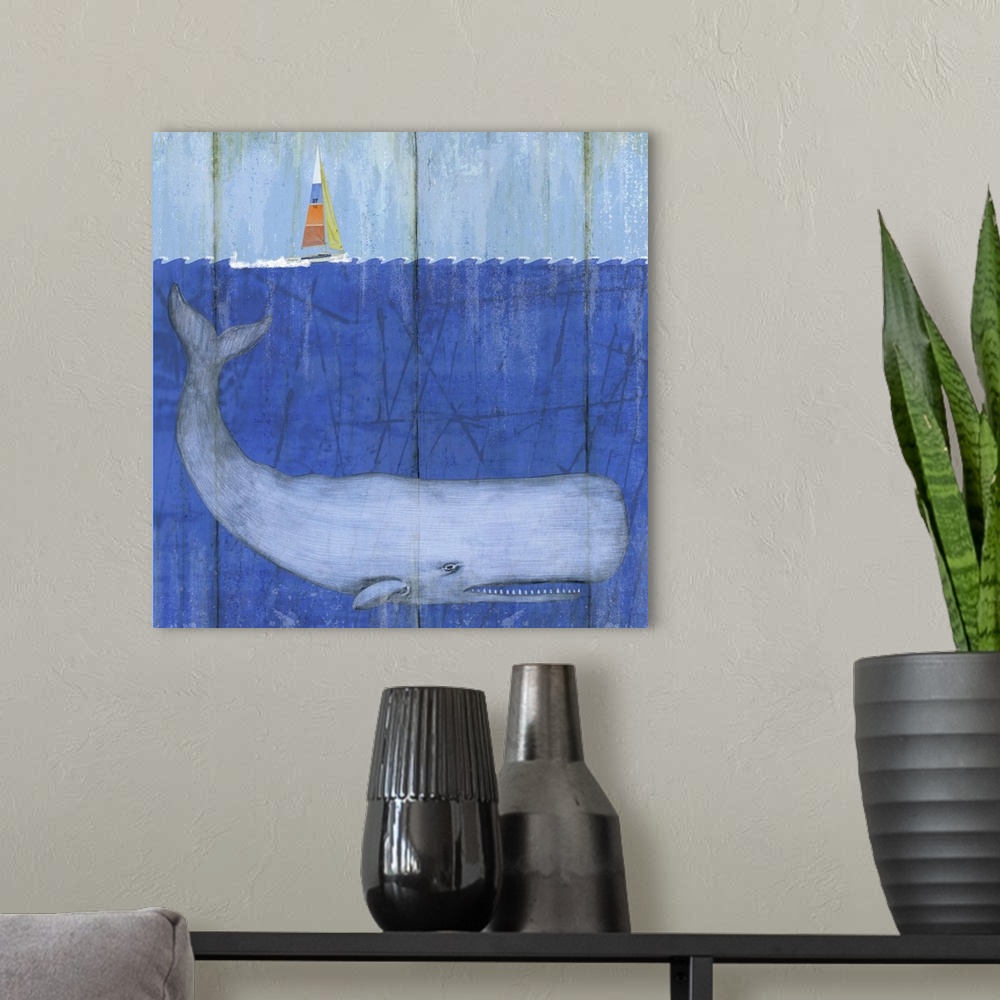A modern room featuring Contemporary nautical painting of a cross section of an ocean scene with a giant whale below the ...