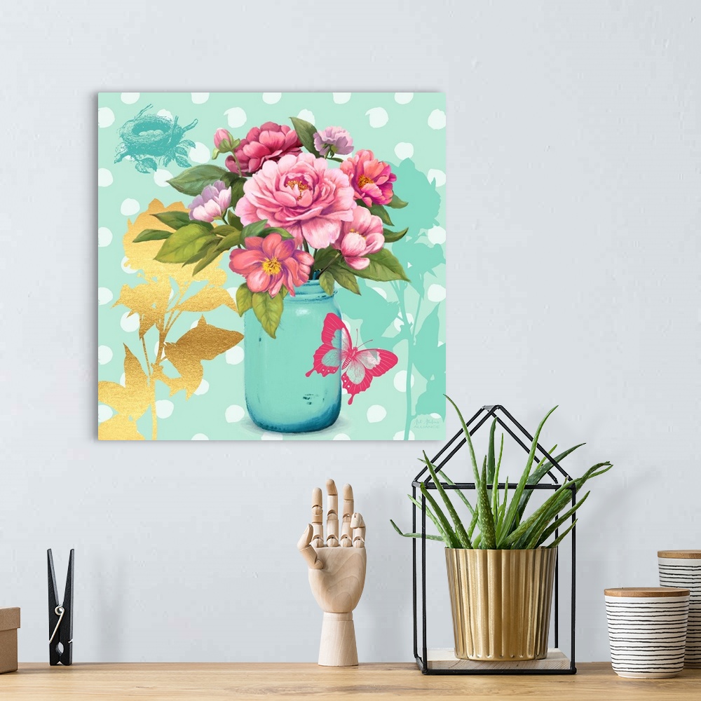 A bohemian room featuring Contemporary home decor artwork of a vibrant pink flowers in a light blue mason jar against a lig...