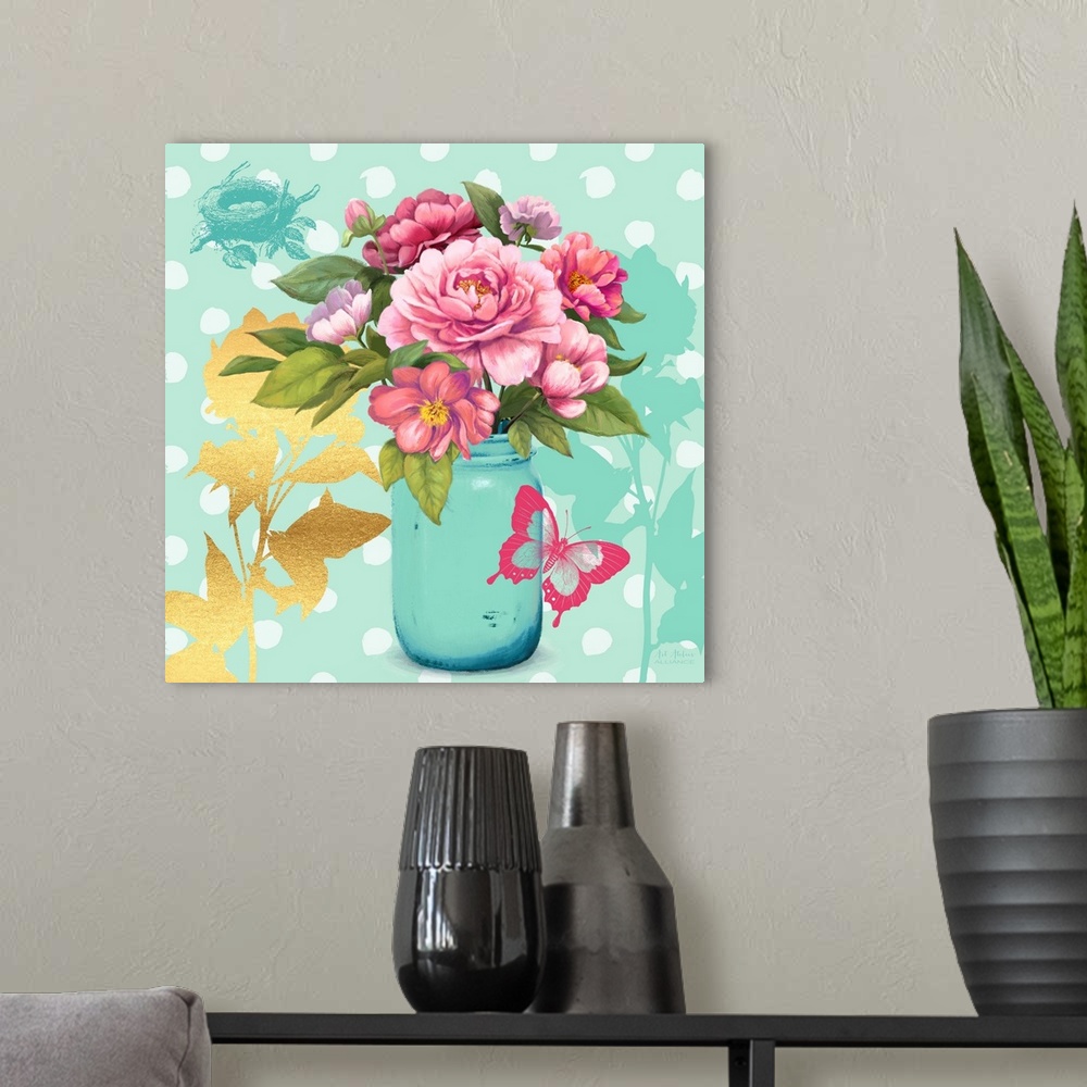 A modern room featuring Contemporary home decor artwork of a vibrant pink flowers in a light blue mason jar against a lig...