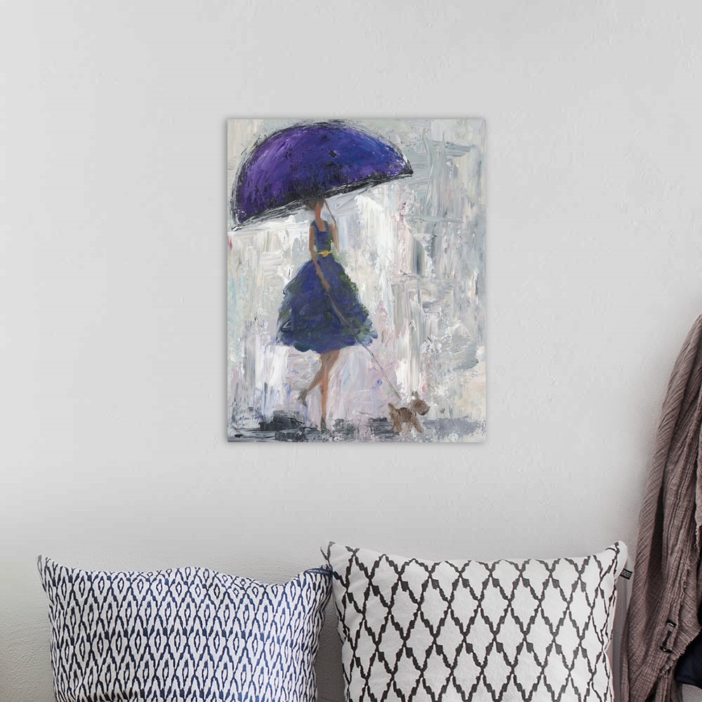 A bohemian room featuring Contemporary painting of a woman in a blue dress walking in the rain with a purple umbrella.