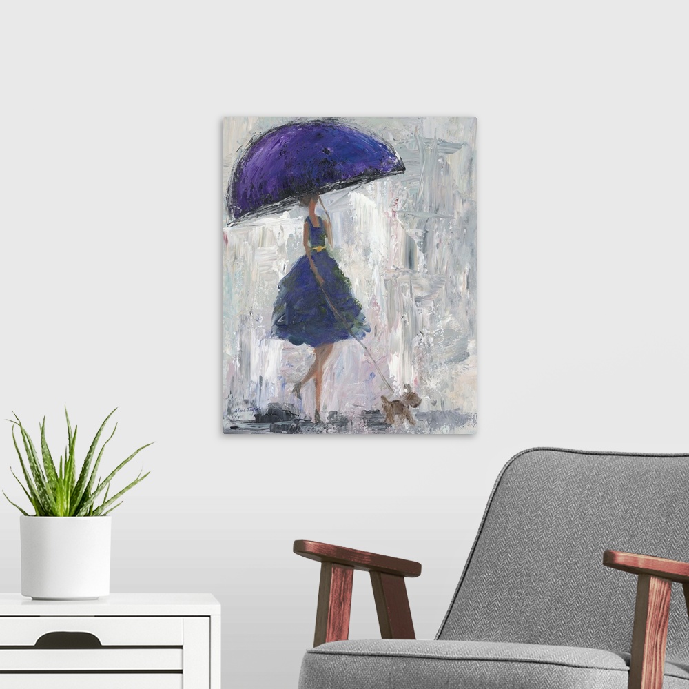 A modern room featuring Contemporary painting of a woman in a blue dress walking in the rain with a purple umbrella.