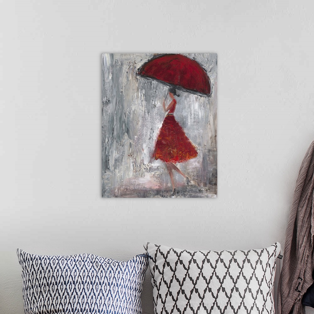 A bohemian room featuring Contemporary painting of a woman in a red dress walking in the rain with a red umbrella.