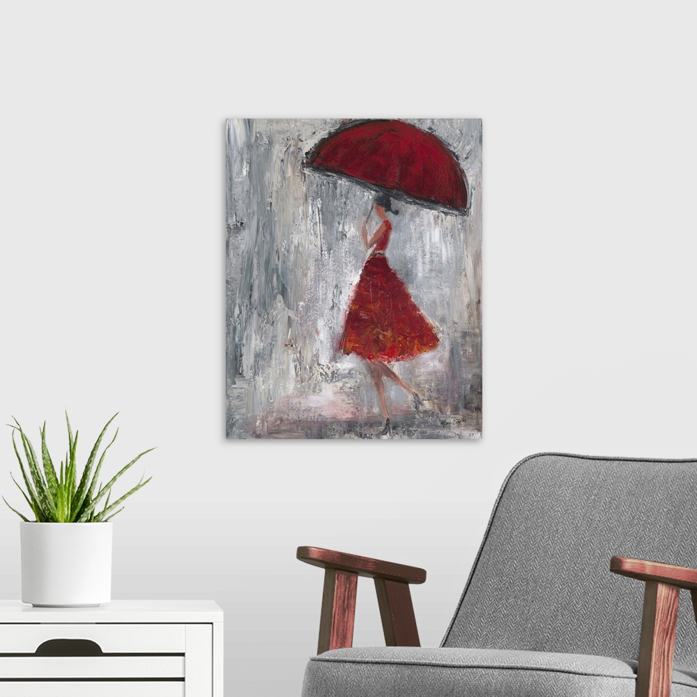 A modern room featuring Contemporary painting of a woman in a red dress walking in the rain with a red umbrella.