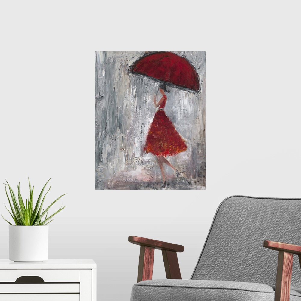 A modern room featuring Contemporary painting of a woman in a red dress walking in the rain with a red umbrella.