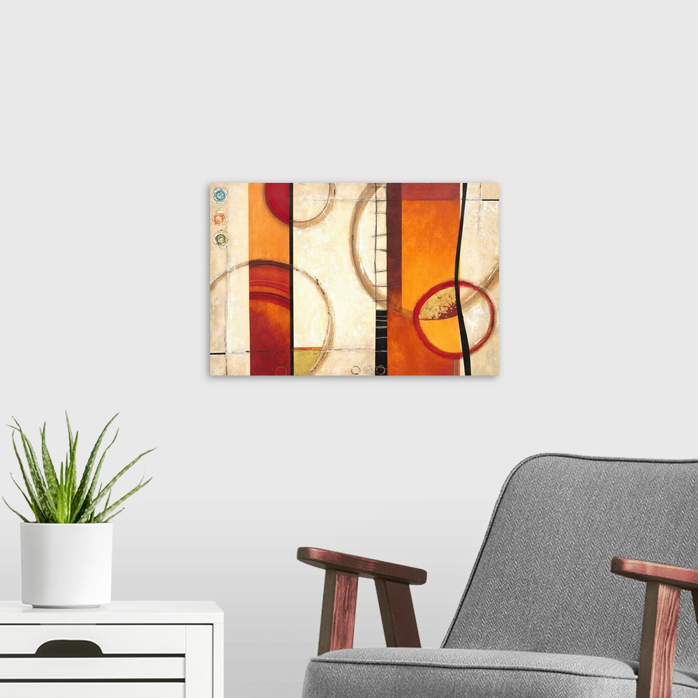 A modern room featuring Contemporary abstract home decor artwork using warm earthy tones and geometric shapes.