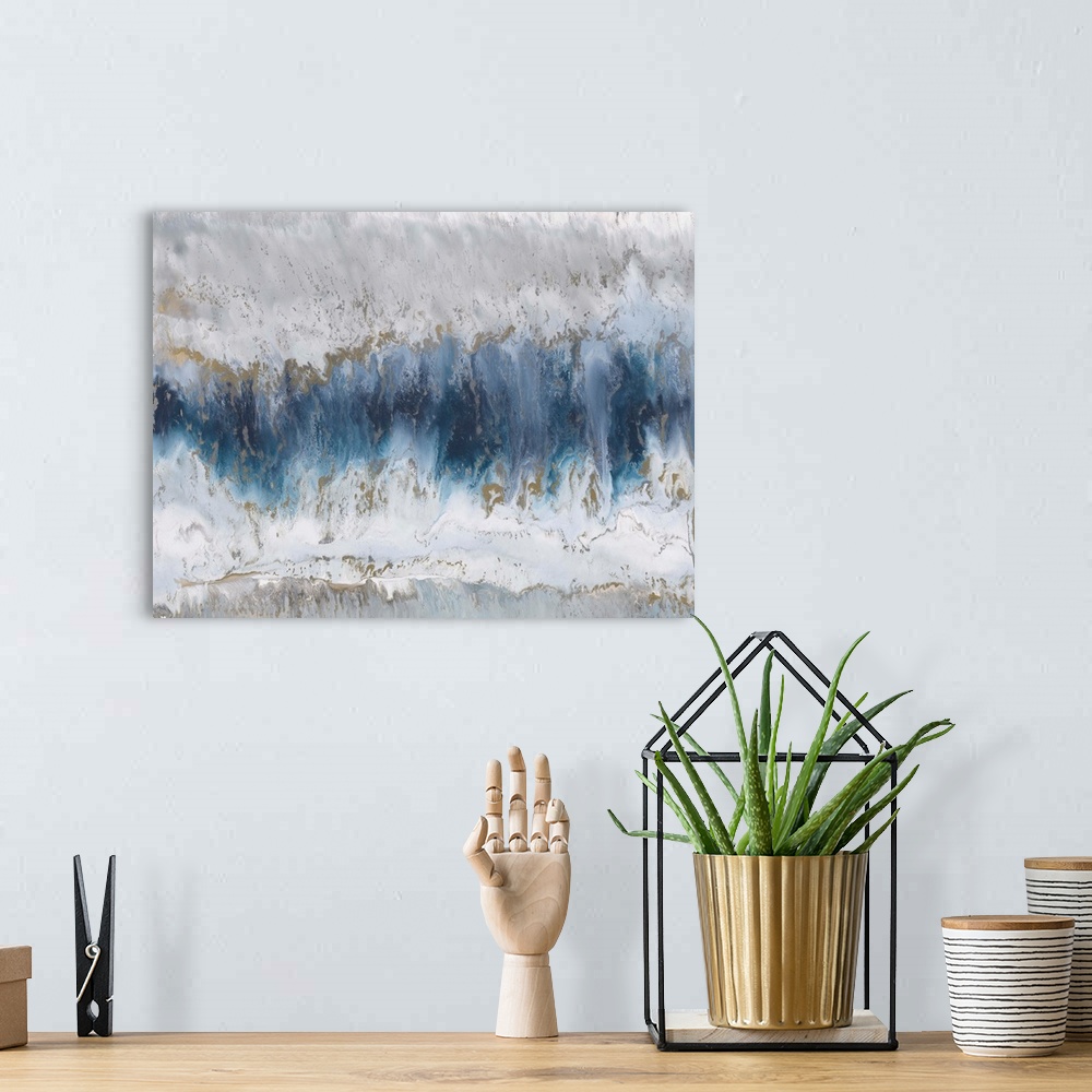 A bohemian room featuring Contemporary abstract painting using blue and gray tones resembling agate.