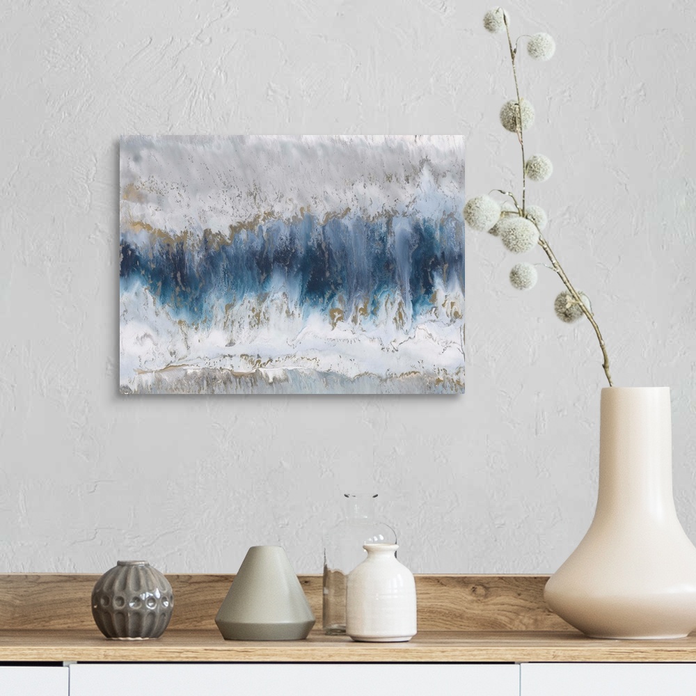 A farmhouse room featuring Contemporary abstract painting using blue and gray tones resembling agate.
