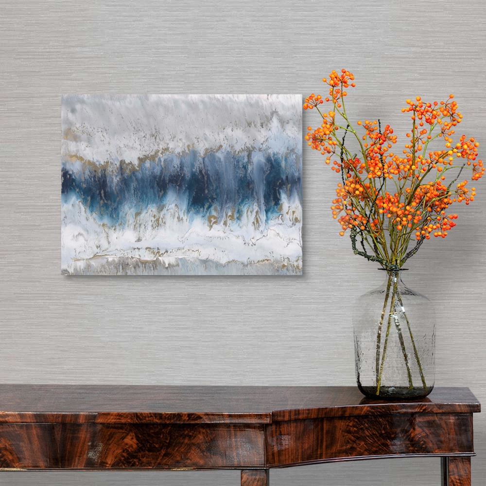 A traditional room featuring Contemporary abstract painting using blue and gray tones resembling agate.