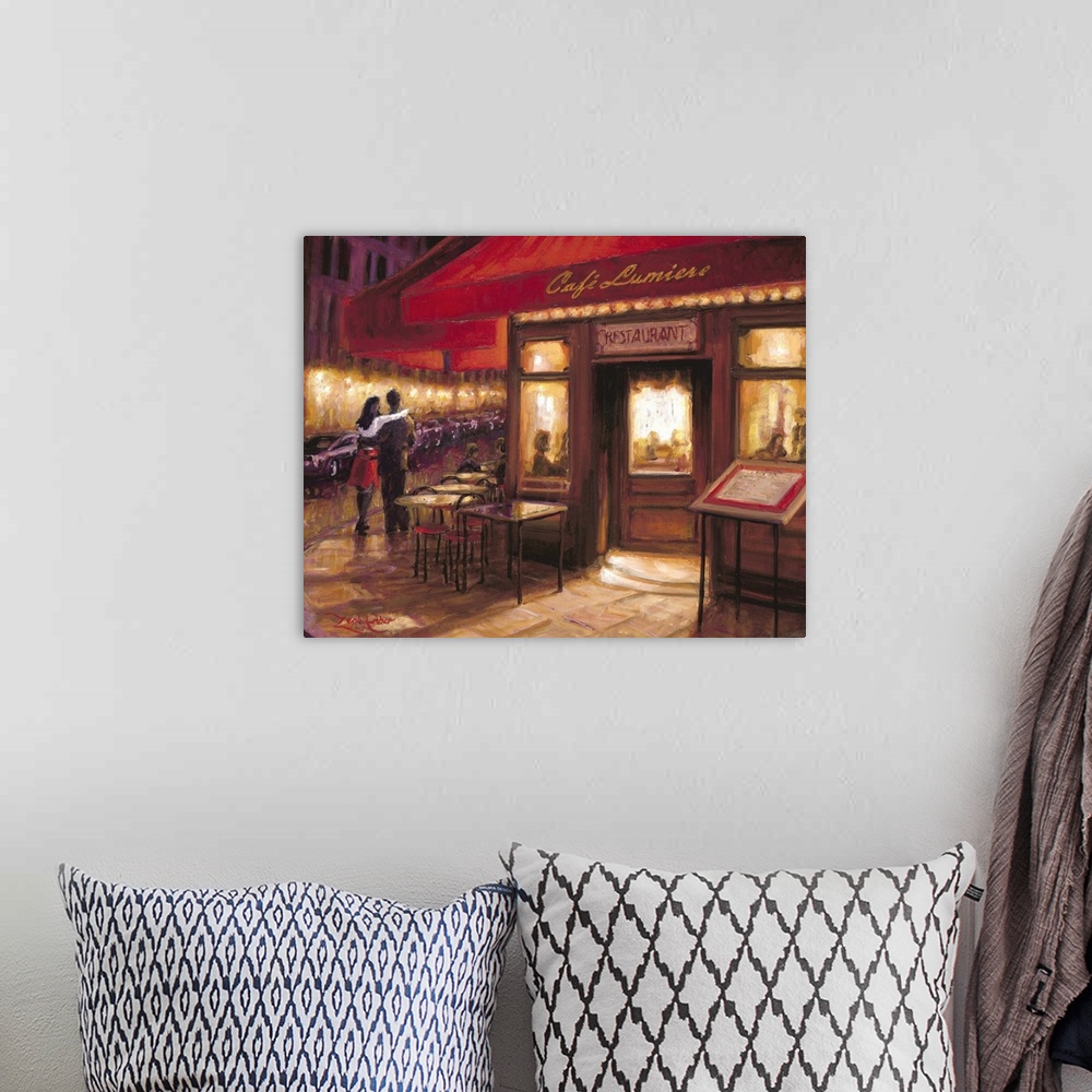 A bohemian room featuring Contemporary painting of a couple in a loving embrace walking by a cafe at night.