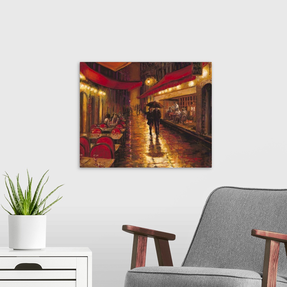 A modern room featuring Contemporary painting of a couple in a loving embrace sharing an umbrella while walking.