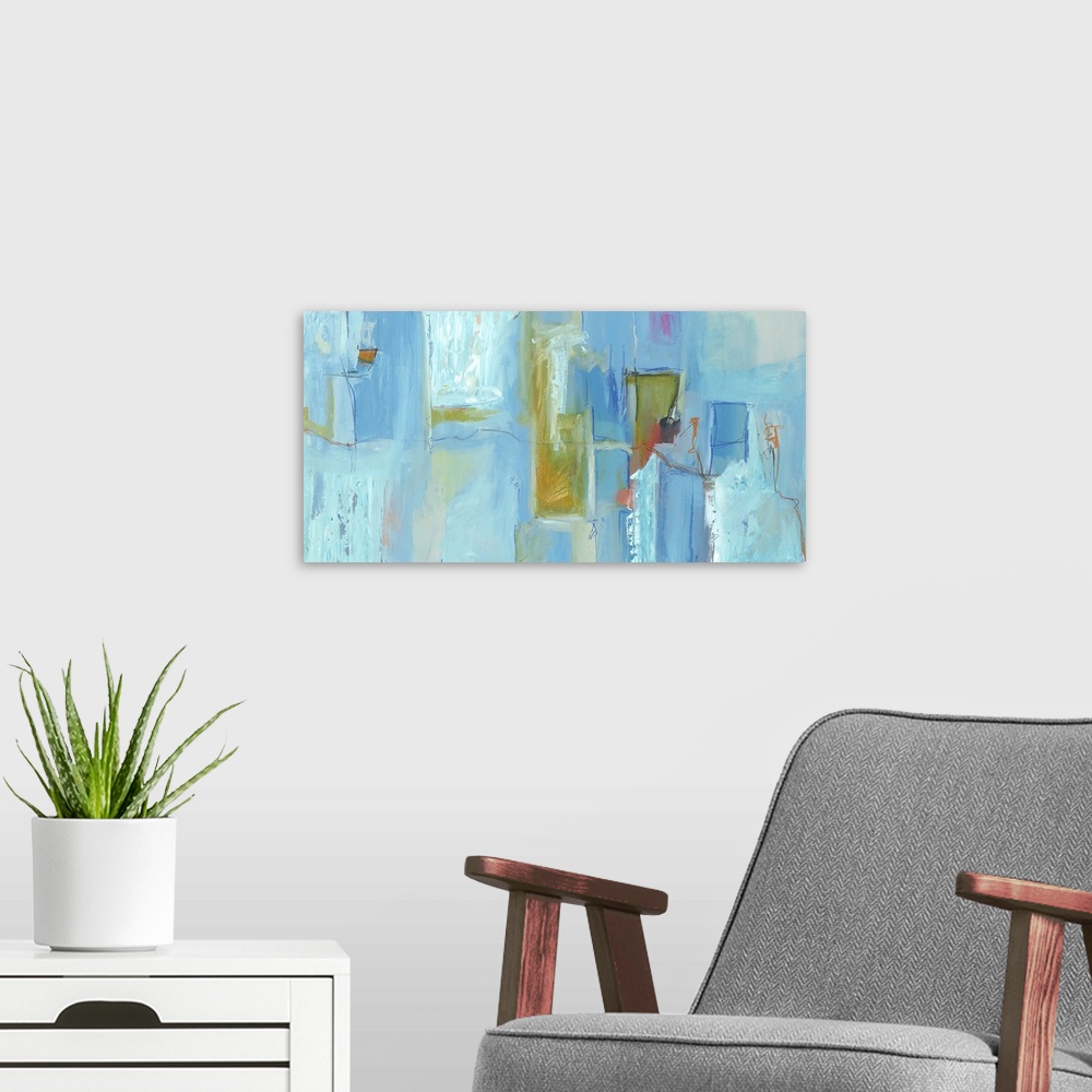 A modern room featuring Contemporary abstract painting using tones of blue in vertical strokes.