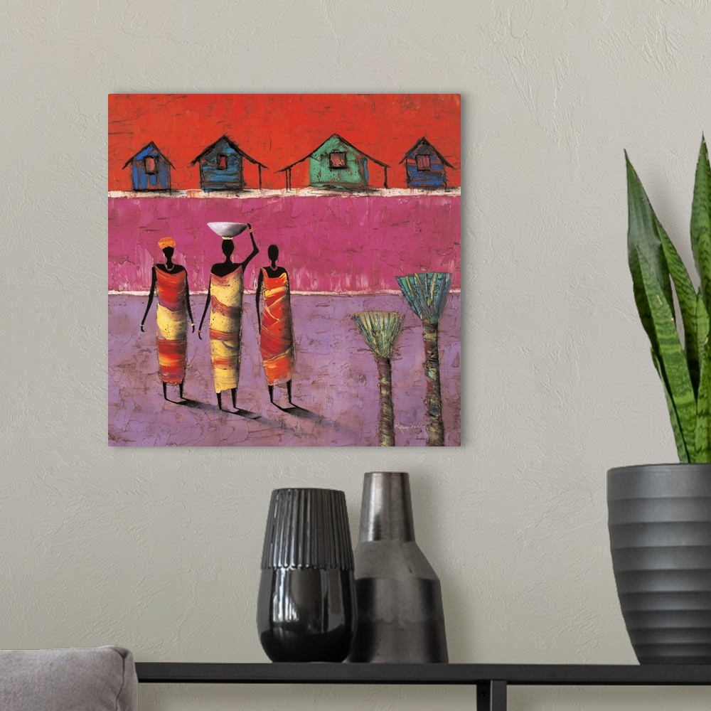 A modern room featuring Contemporary painting of three figures standing in front of colorful houses in the background.