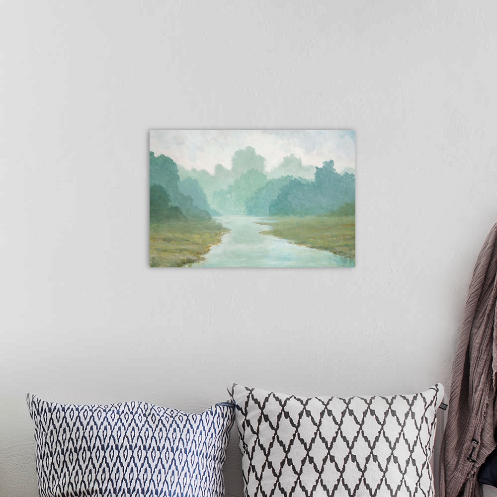 A bohemian room featuring Contemporary painting of a river in a field lined with trees on a misty morning.