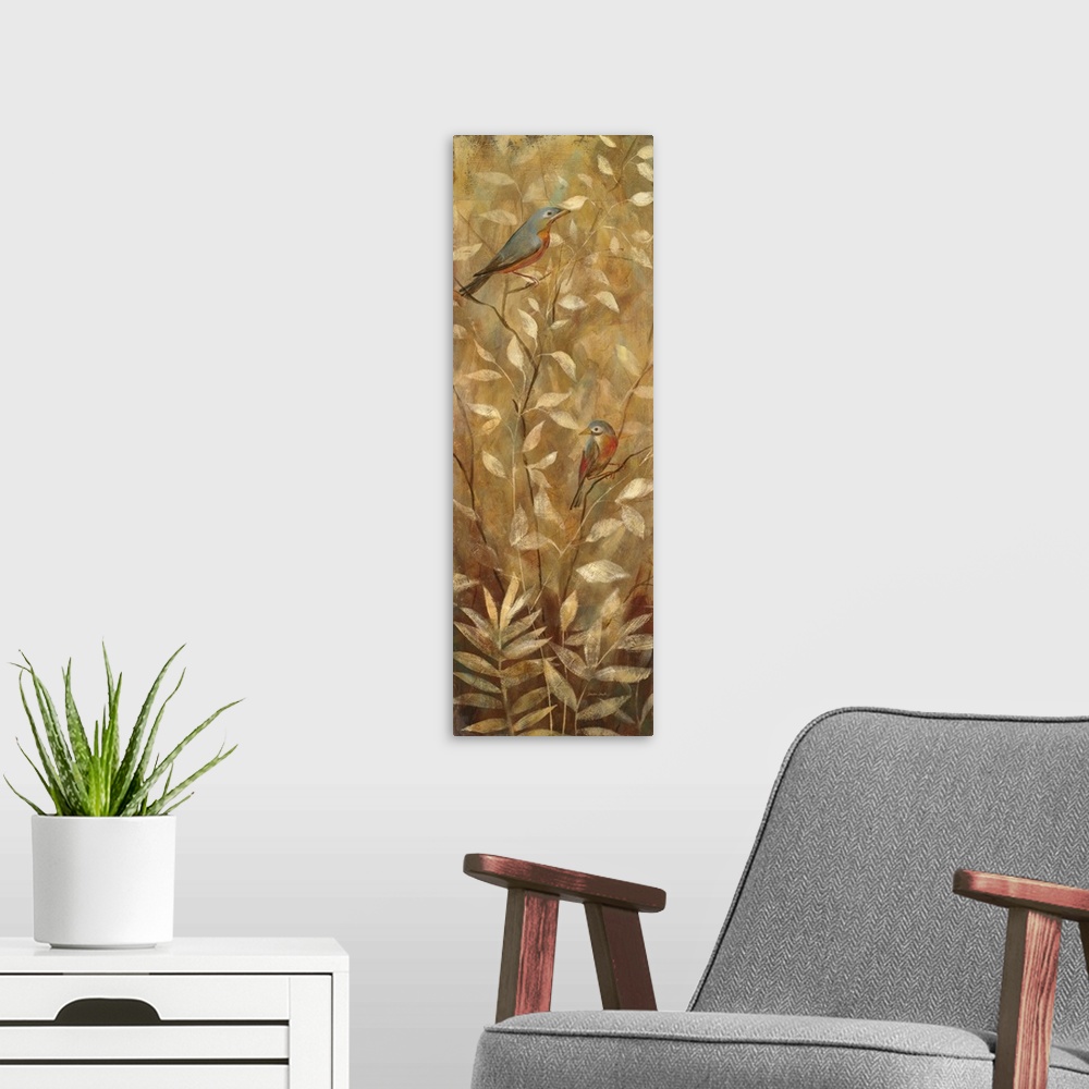 A modern room featuring Vertical painting of two garden birds on golden branches.