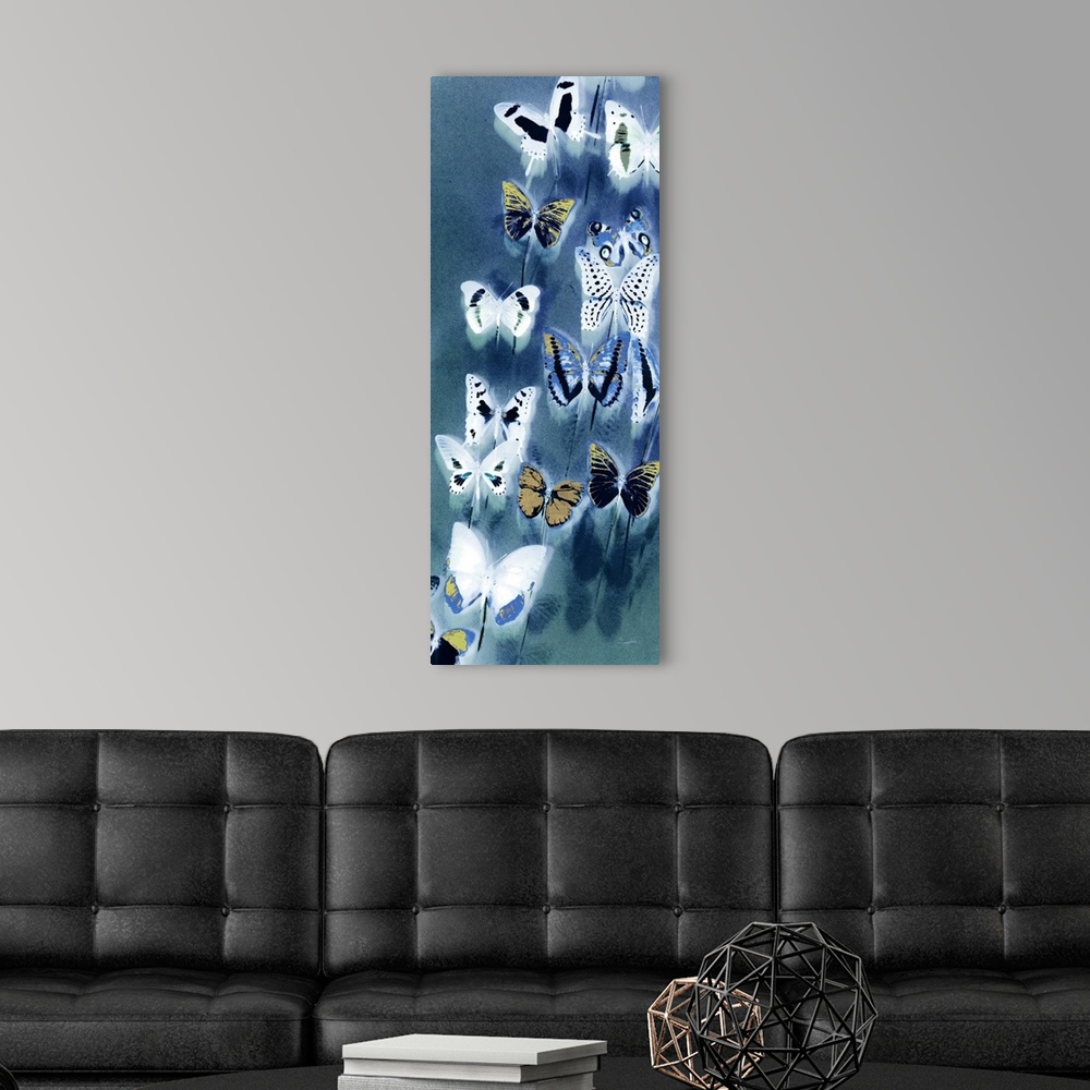 A modern room featuring Vibrant blue butterfly art that makes a great addition to any home.