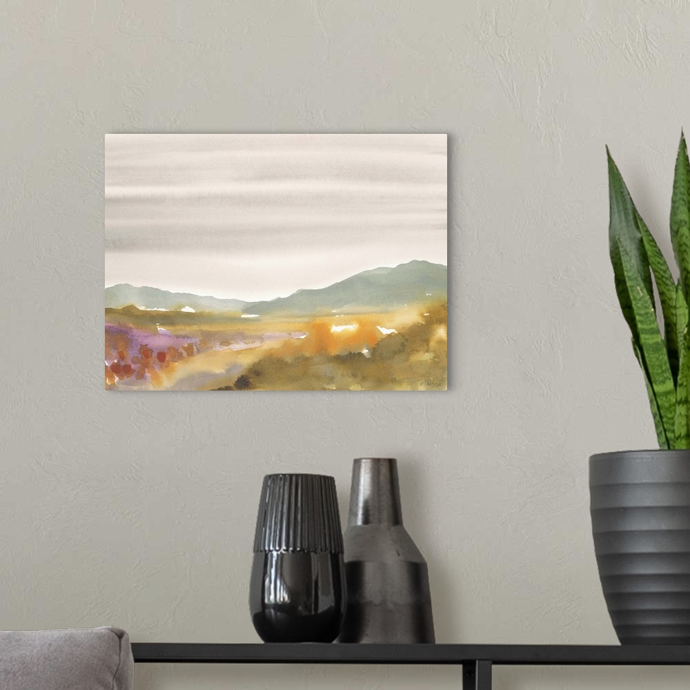 A modern room featuring Contemporary watercolor painting of a landscape.