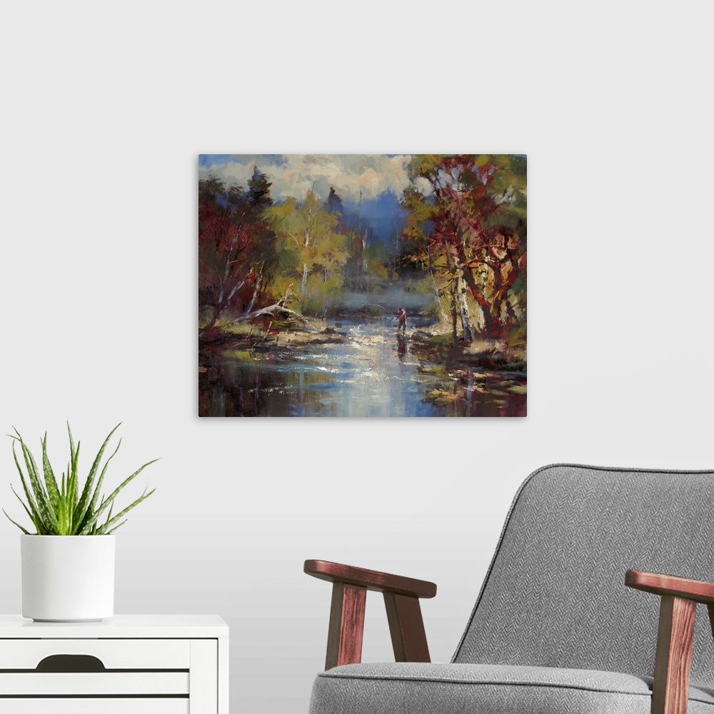 A modern room featuring Contemporary painting of a man fishing in a forest stream, with enormous clouds in the background.