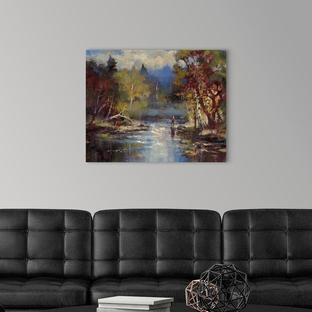A modern room featuring Contemporary painting of a man fishing in a forest stream, with enormous clouds in the background.