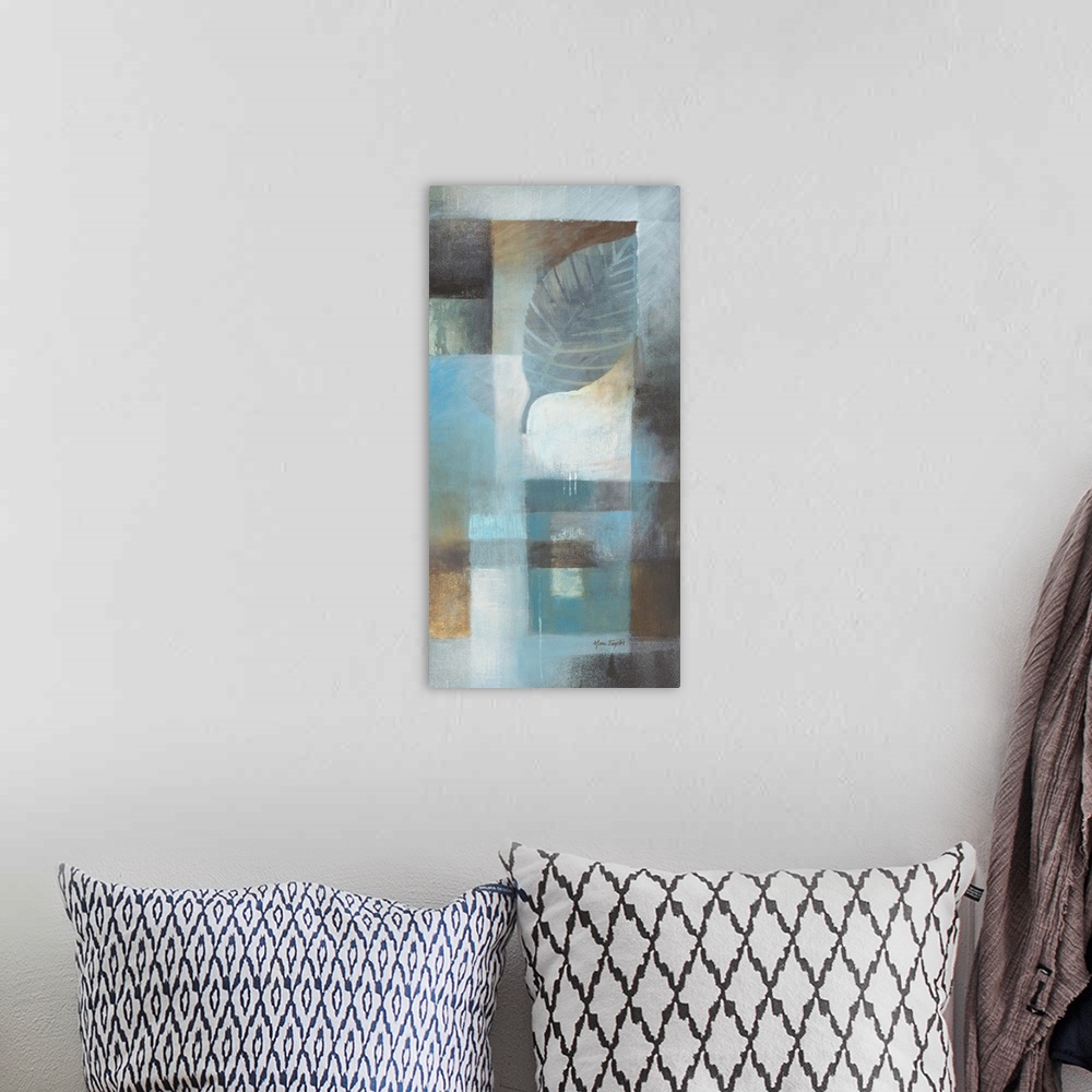A bohemian room featuring Contemporary abstract painting of geometric shapes and leaves in cool tones.