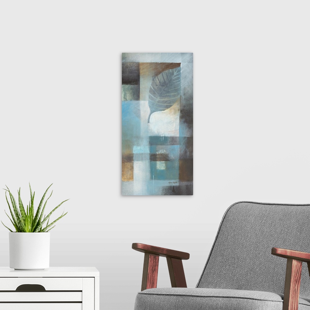A modern room featuring Contemporary abstract painting of geometric shapes and leaves in cool tones.