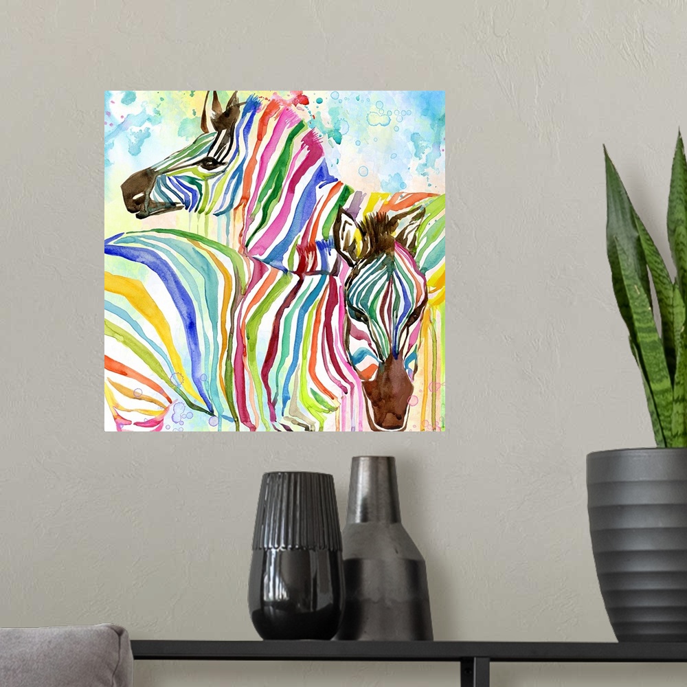 A modern room featuring Two zebras with rainbow stripes.