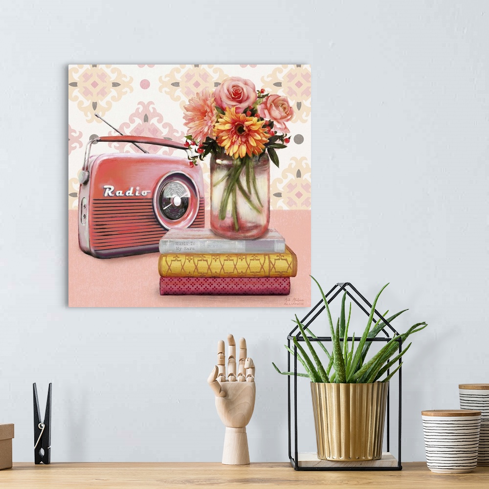 A bohemian room featuring Contemporary vibrant home decor artwork with a red radio and a bouquet of colorful flowers in a m...