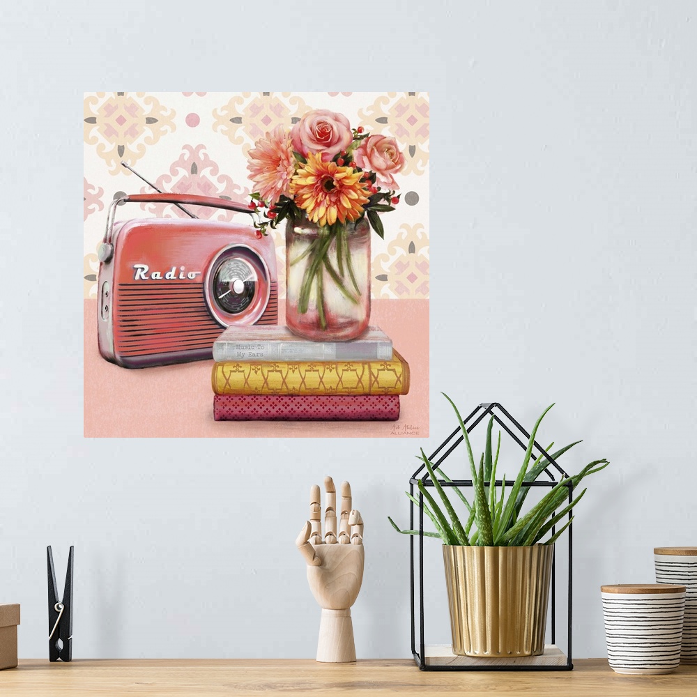 A bohemian room featuring Contemporary vibrant home decor artwork with a red radio and a bouquet of colorful flowers in a m...