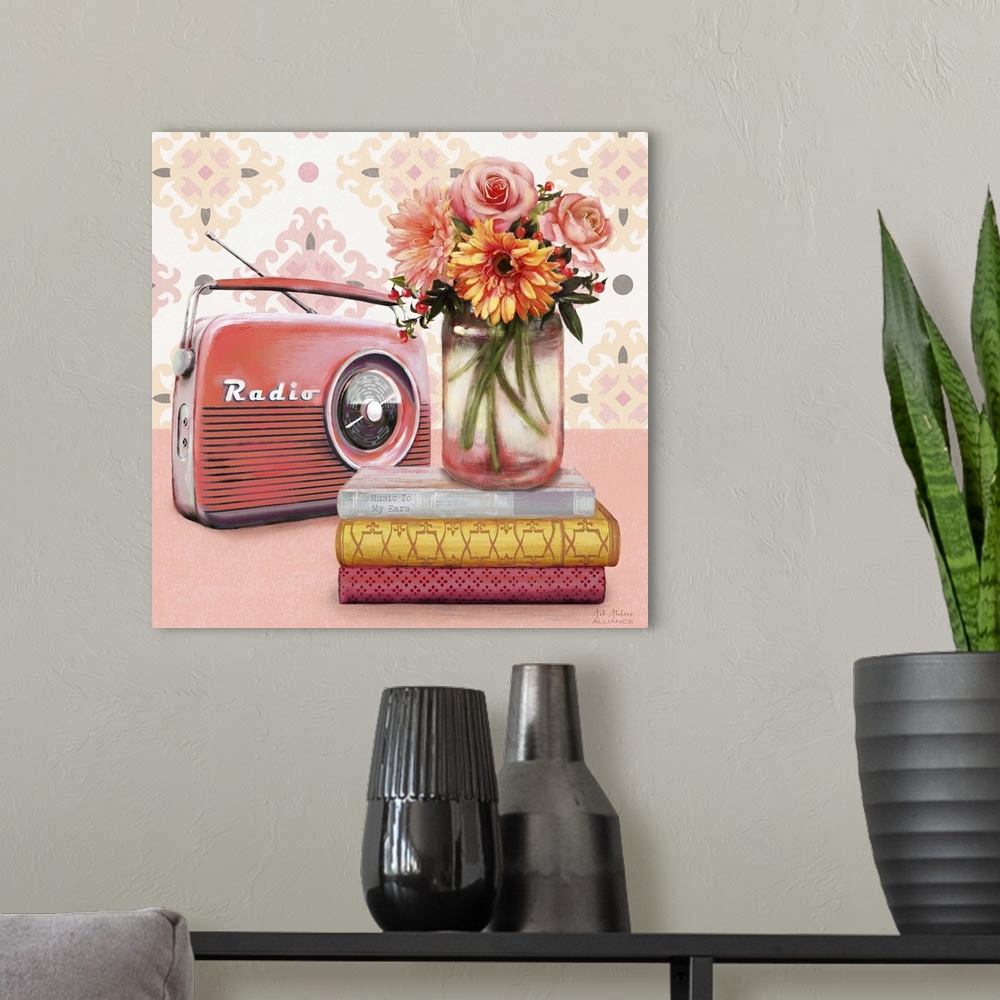 A modern room featuring Contemporary vibrant home decor artwork with a red radio and a bouquet of colorful flowers in a m...