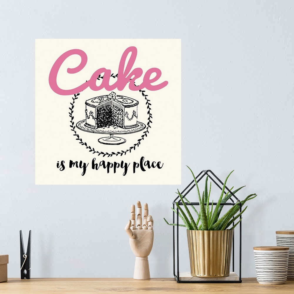 A bohemian room featuring Kitchen art with handlettered text and an illustration of a cake.