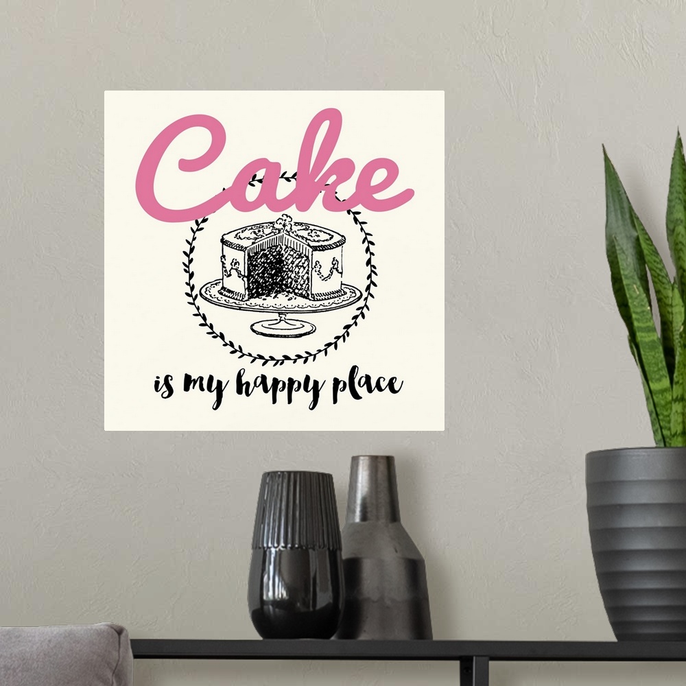 A modern room featuring Kitchen art with handlettered text and an illustration of a cake.