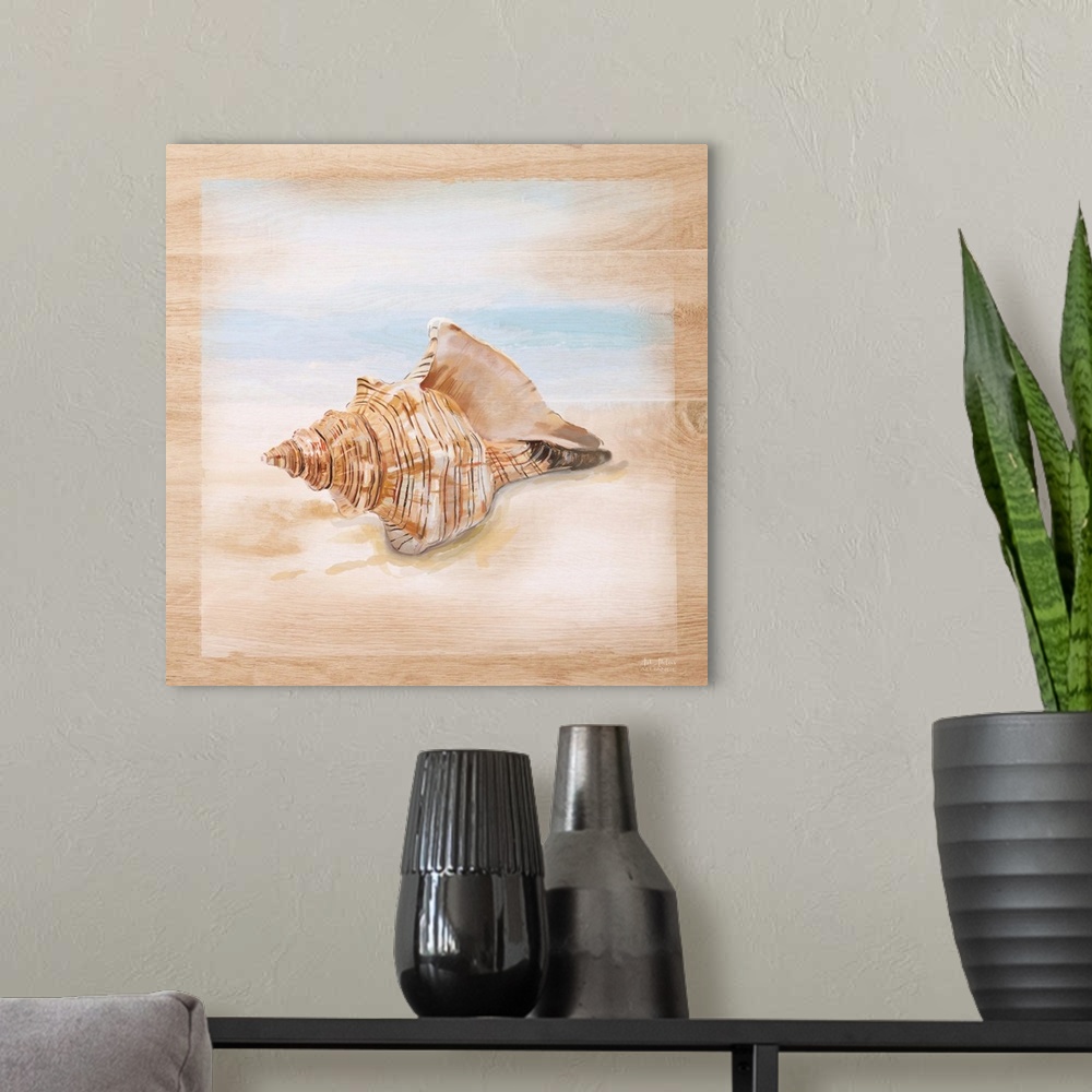 A modern room featuring Beach theme home decor artwork of a seashells against a sandy scene.
