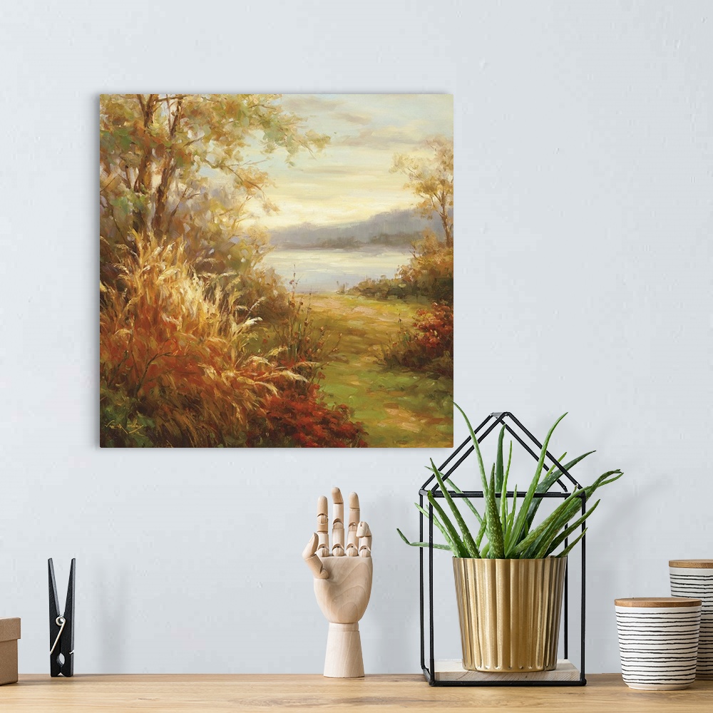 A bohemian room featuring Peaceful painting of a natural path surrounded by wild overgrown plants.