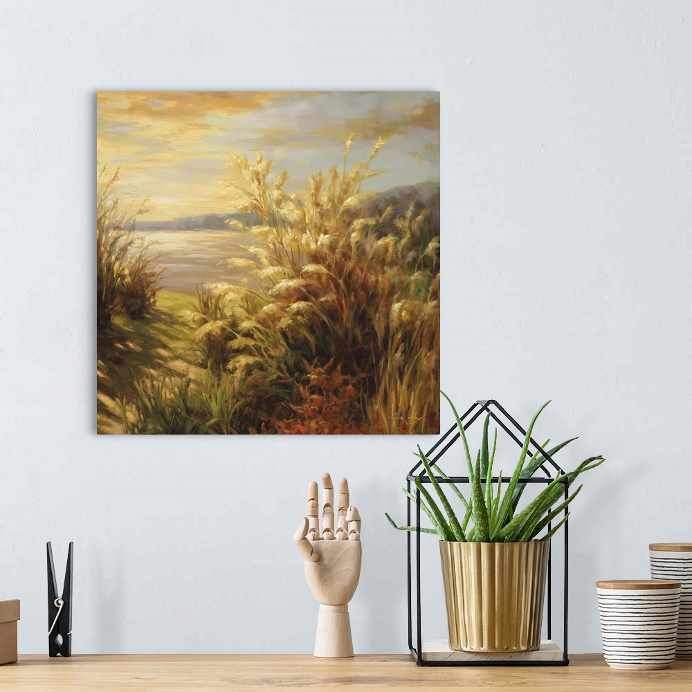 A bohemian room featuring Peaceful painting of a natural path surrounded by wild overgrown plants.