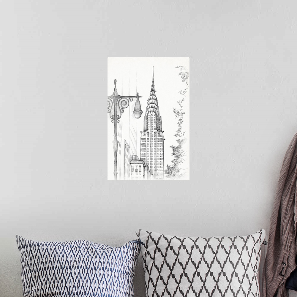 A bohemian room featuring Contemporary illustrative home decor artwork of the Chrysler building standing tall in New York c...