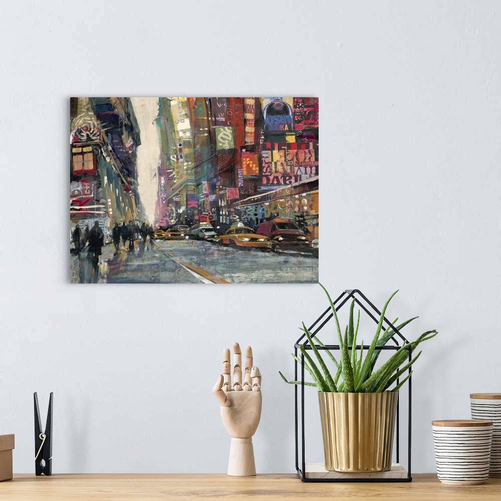 A bohemian room featuring Contemporary painting of crowded city streets filled with taxi cabs.