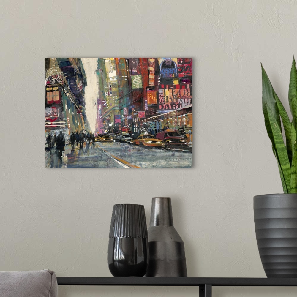 A modern room featuring Contemporary painting of crowded city streets filled with taxi cabs.