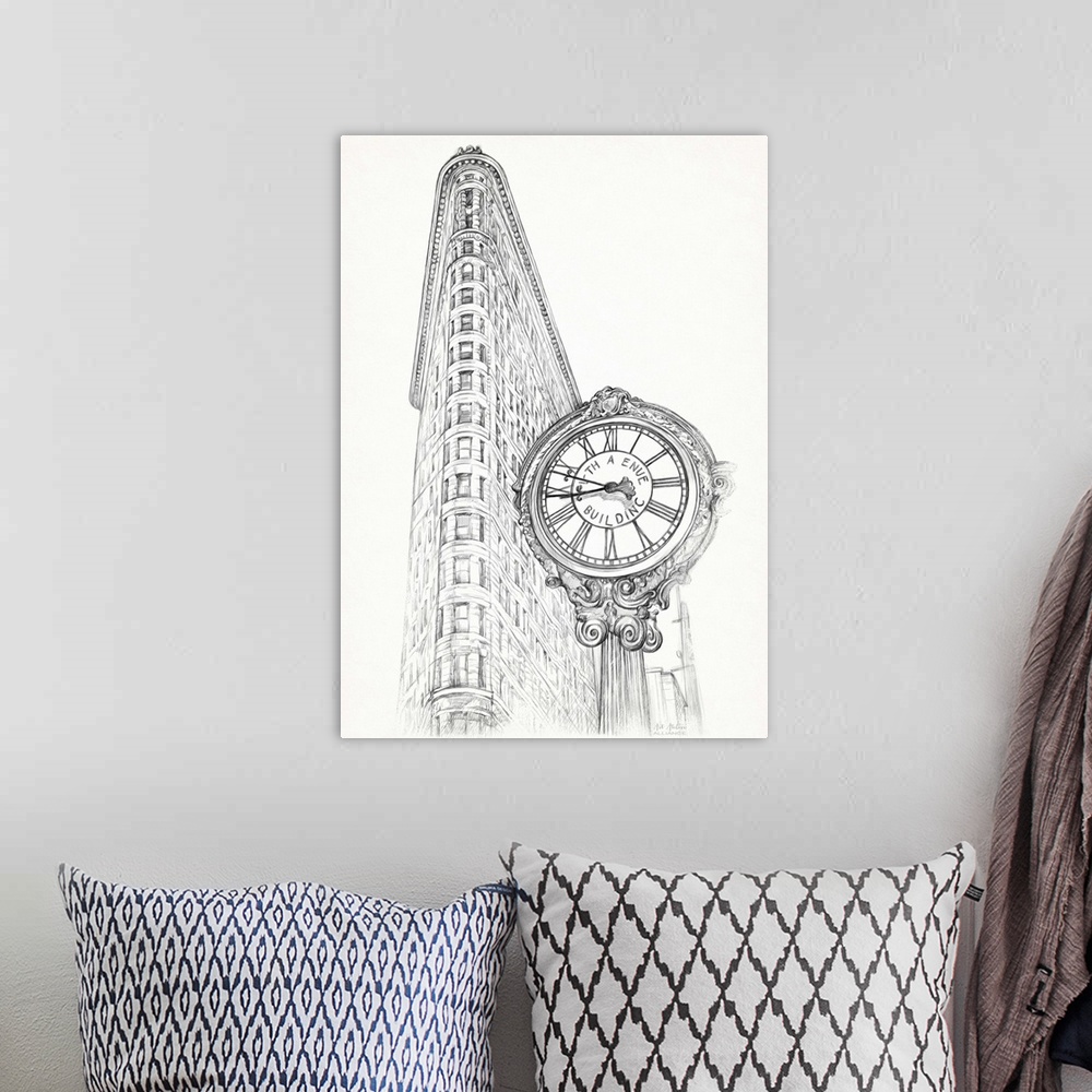A bohemian room featuring Contemporary illustrative home decor artwork of the Flat Iron building standing tall in New York ...