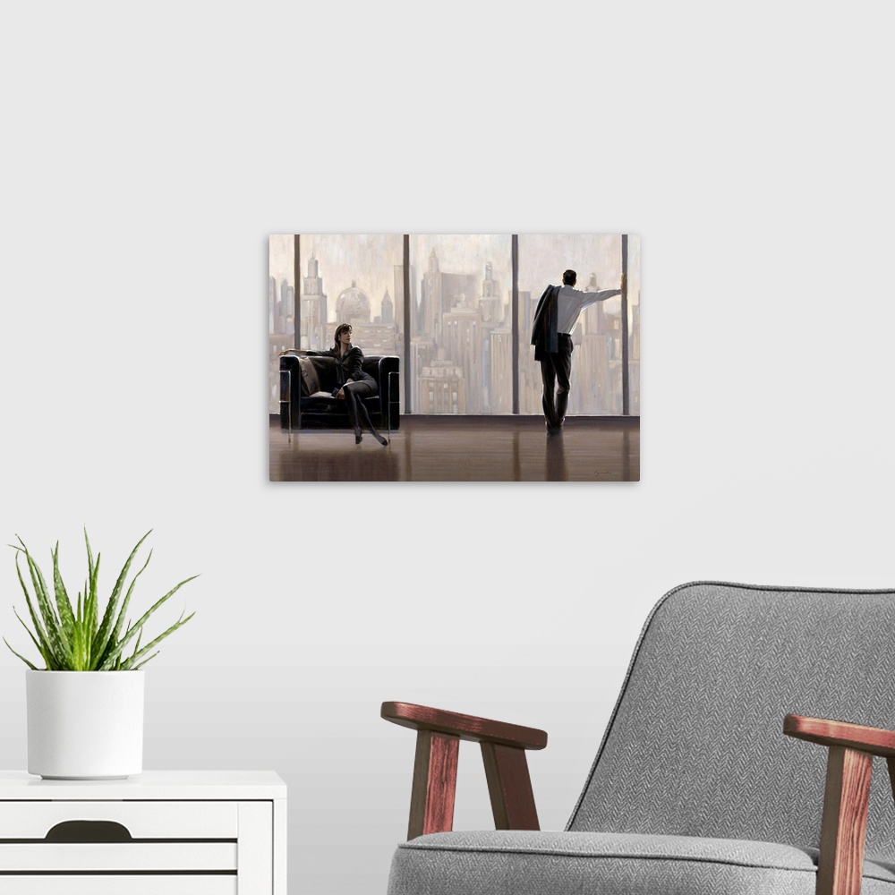 A modern room featuring Contemporary painting of woman sitting on a chair and man standing at a large window looking out ...