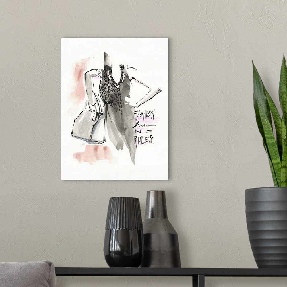 A modern room featuring Watercolor fashion artwork of a woman wearing an animal print black outfit and holding a large pu...