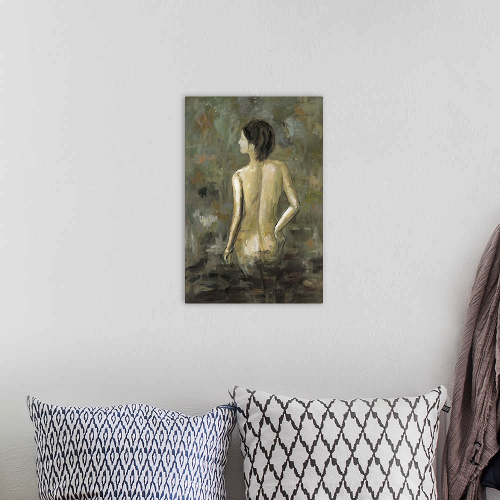 A bohemian room featuring Contemporary artwork of a rear view of a nude woman.