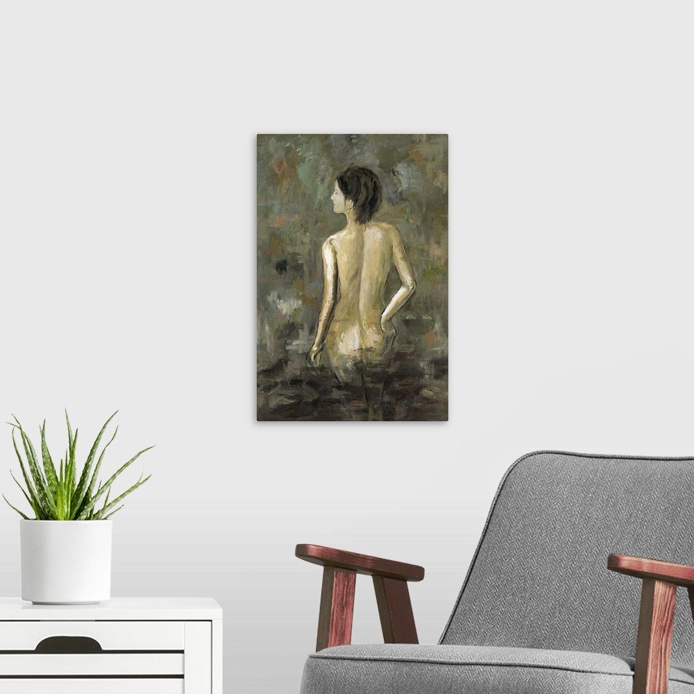 A modern room featuring Contemporary artwork of a rear view of a nude woman.