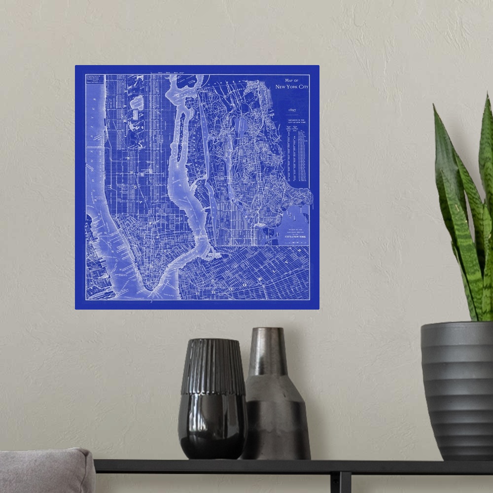 A modern room featuring Vintage blueprint style map of New York City.