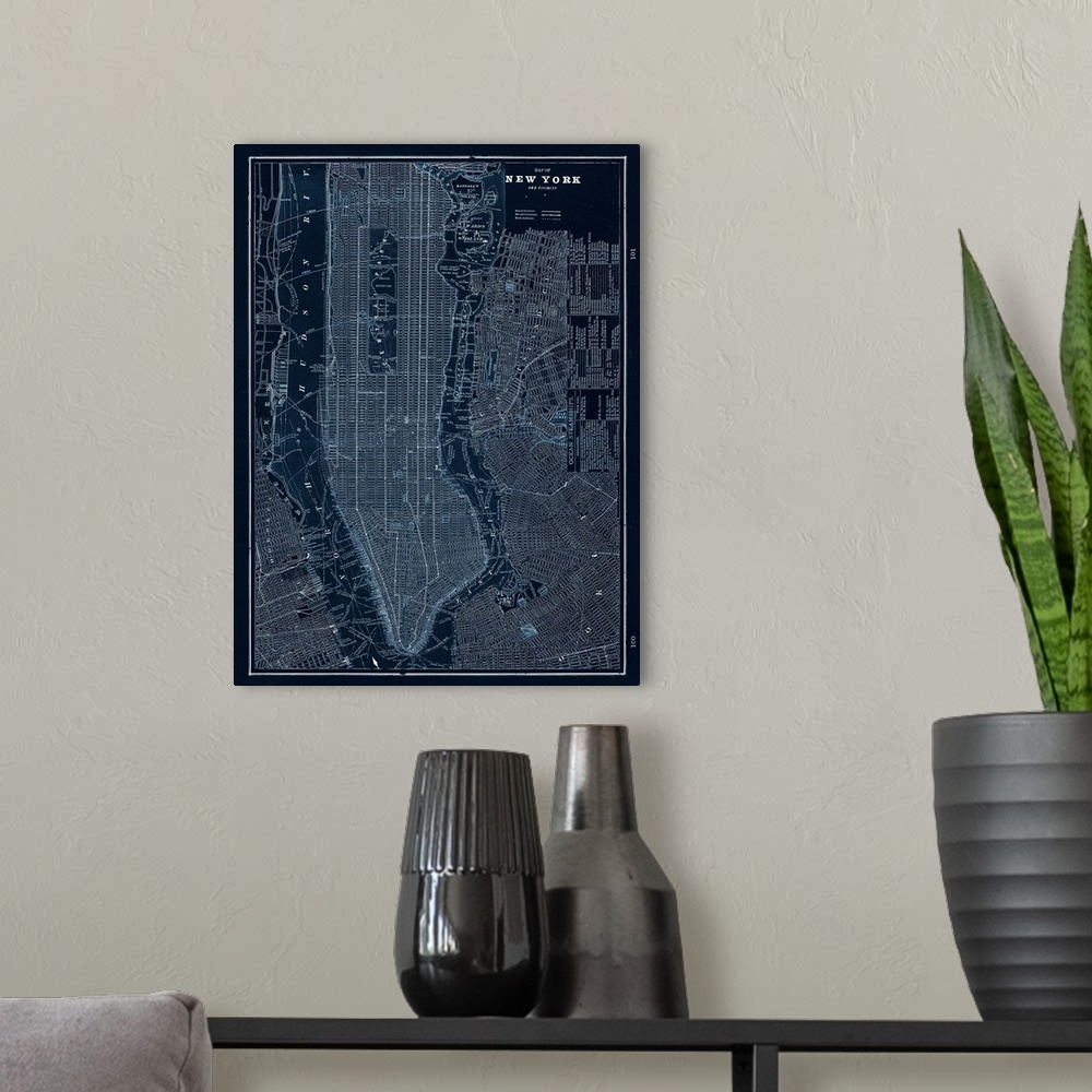 A modern room featuring Map of New York City in dark blue and white.