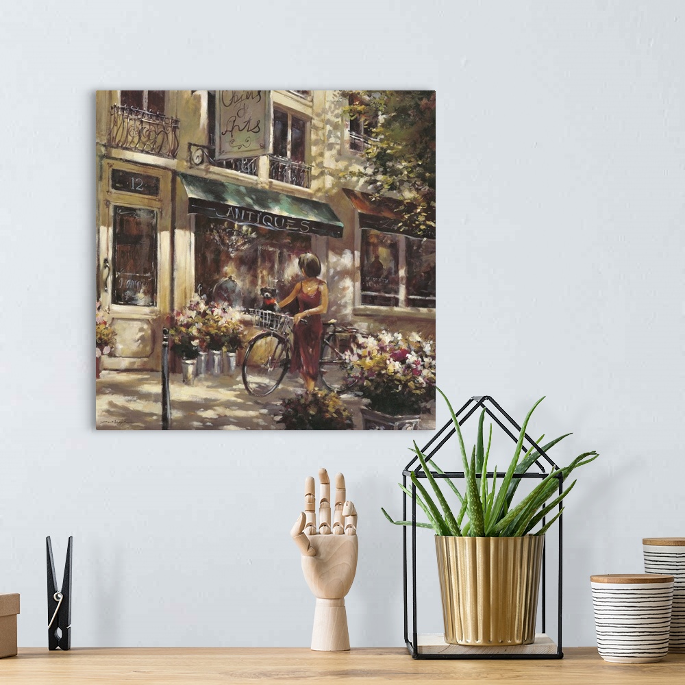 A bohemian room featuring Contemporary painting of a woman walking a bicycle, outside of a flower shop.