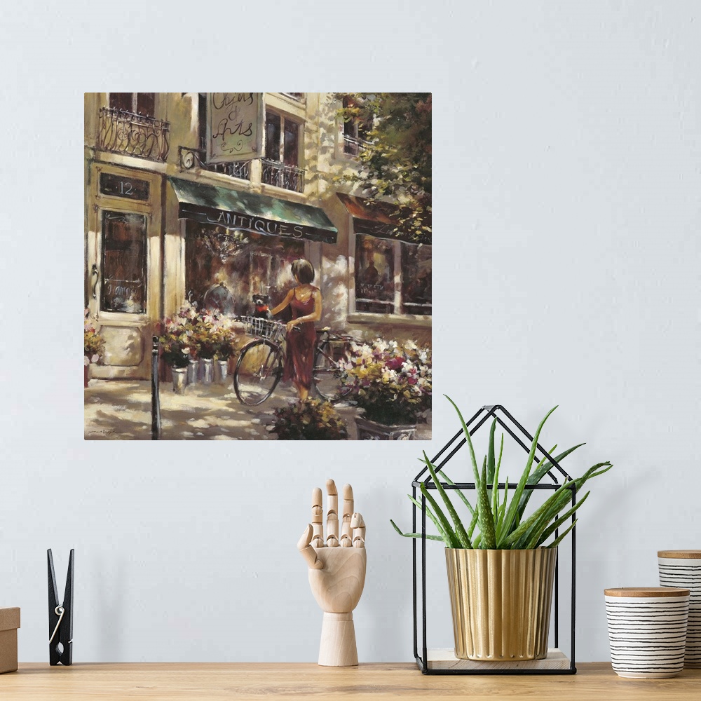 A bohemian room featuring Contemporary painting of a woman walking a bicycle, outside of a flower shop.