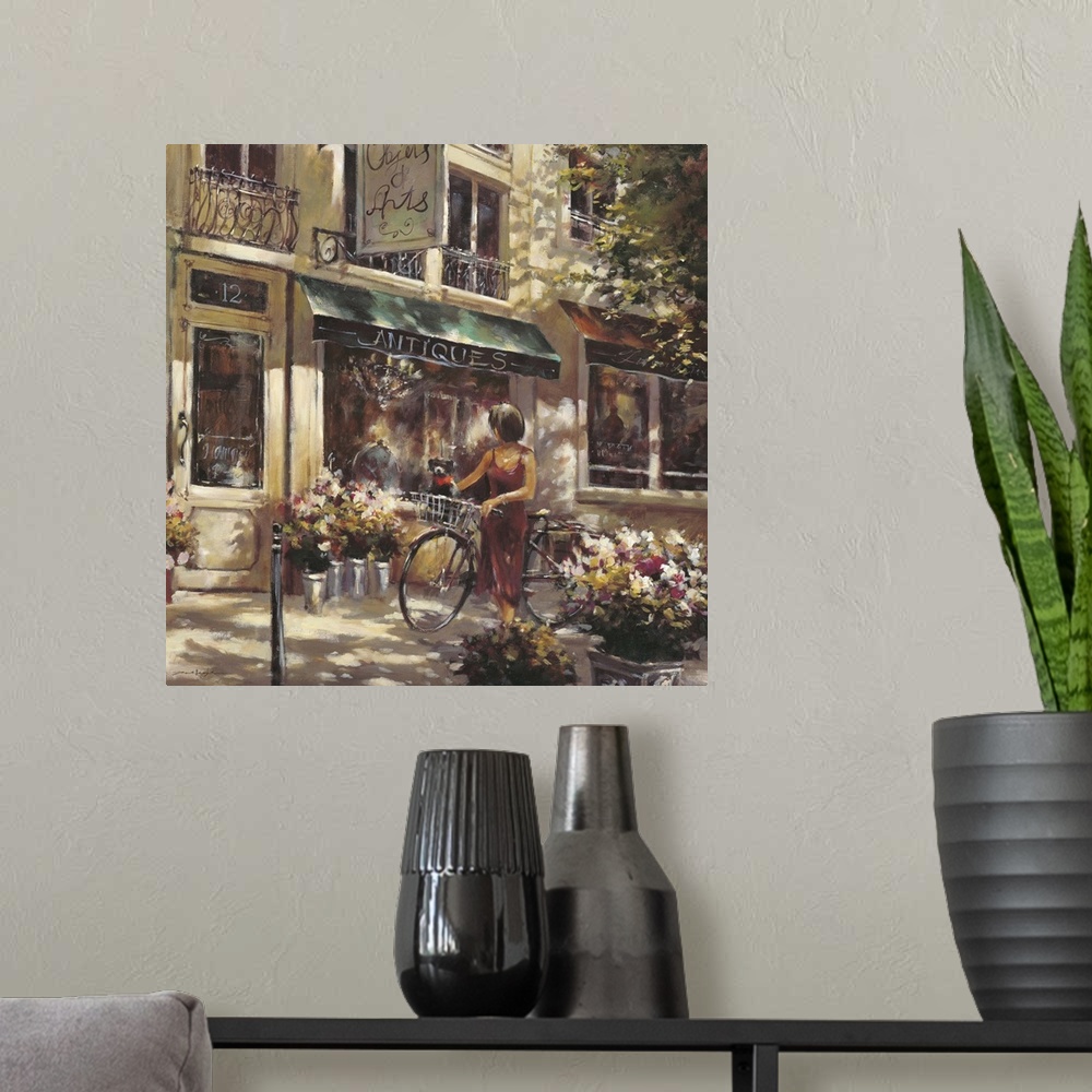 A modern room featuring Contemporary painting of a woman walking a bicycle, outside of a flower shop.