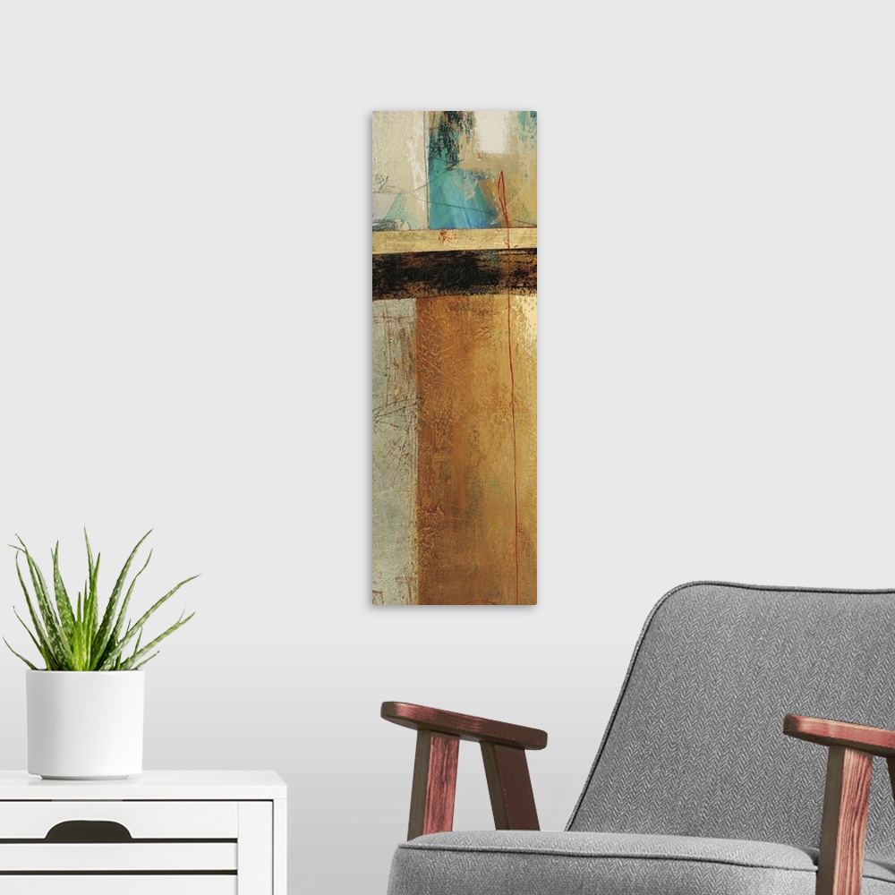 A modern room featuring Contemporary abstract artwork using rich earthy tones and textures, mixed with hints of aqua blue.