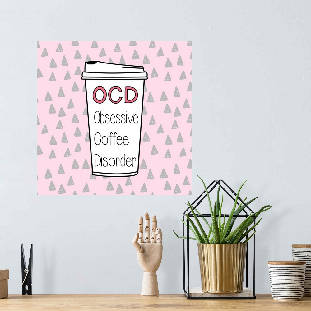 A bohemian room featuring Fun illustration of a coffee cup with text on a patterned background.