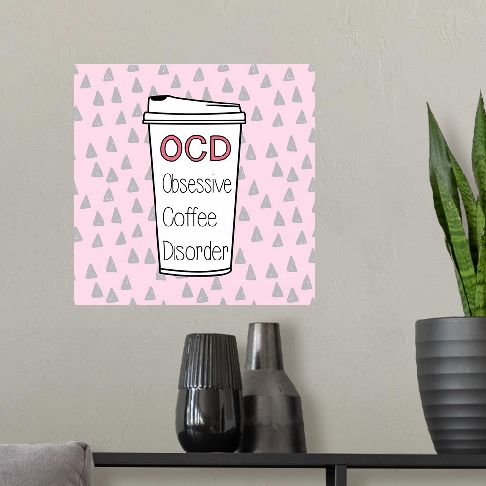 A modern room featuring Fun illustration of a coffee cup with text on a patterned background.